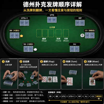 德州扑克发牌顺序详解：从洗牌到翻牌，一文看懂庄家与按钮的规则